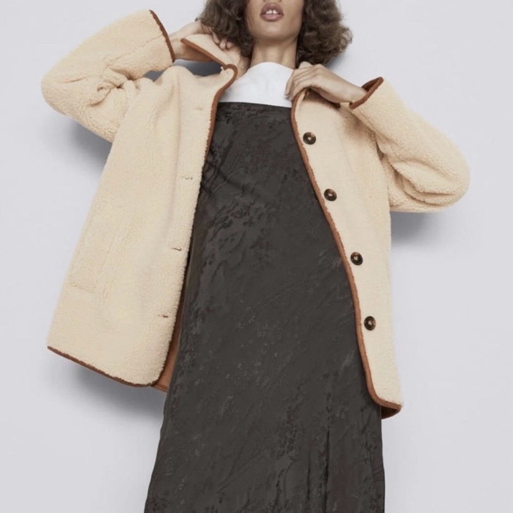 Zara Tan Teddy Jacket with Brown Accents size XS